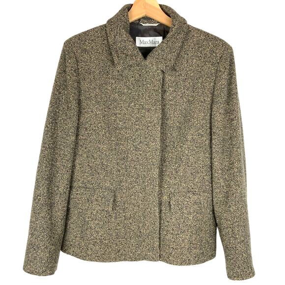 Max Mara Wool Angora Cashmere Blend Herringbone Blazer Jacket Women's Size 14 - Picture 1 of 9
